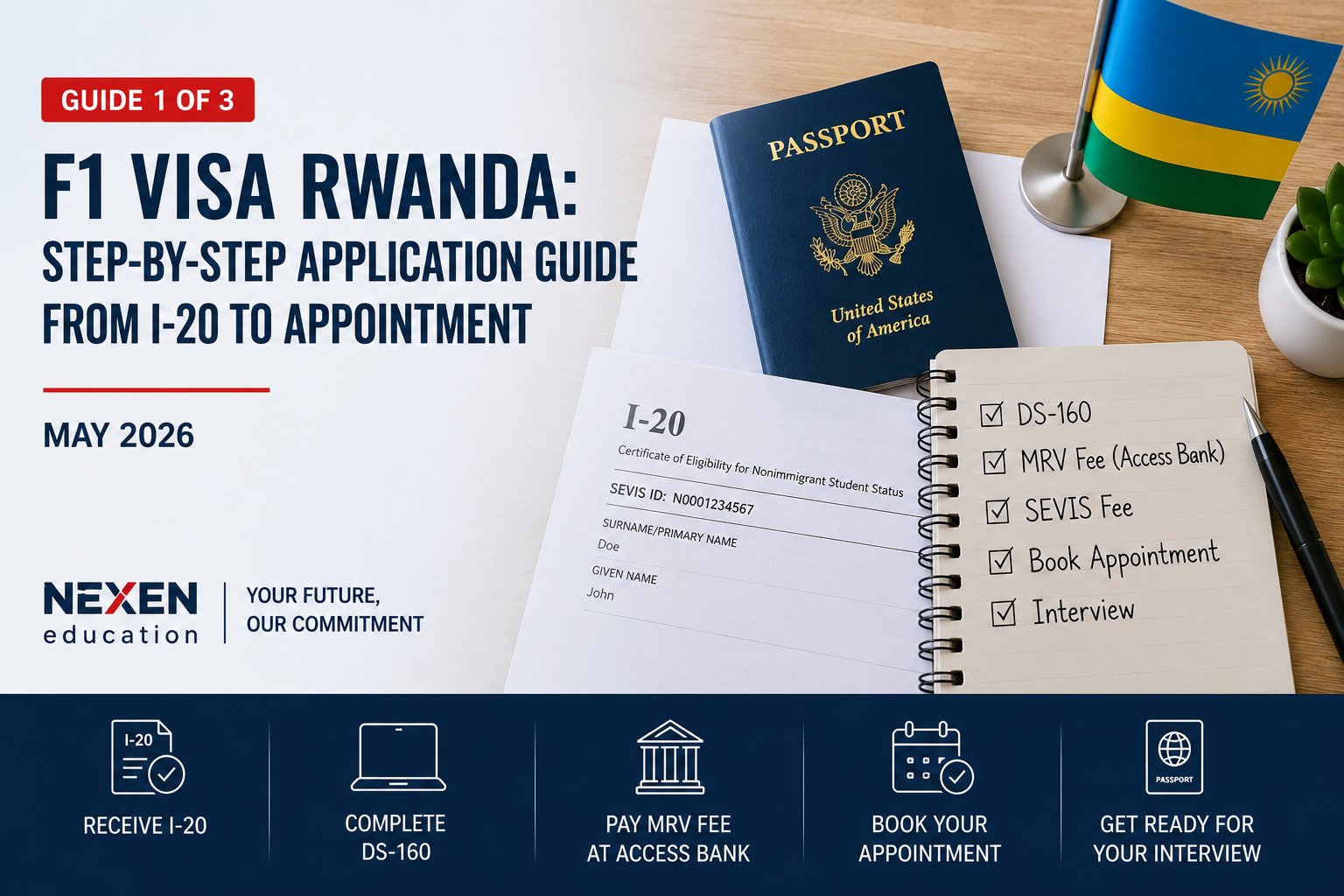 F1 visa Rwanda guide for May 2026. Step-by-step process from I-20 to DS-160, MRV payment at Access Bank, and booking your US Embassy Kigali appointment.