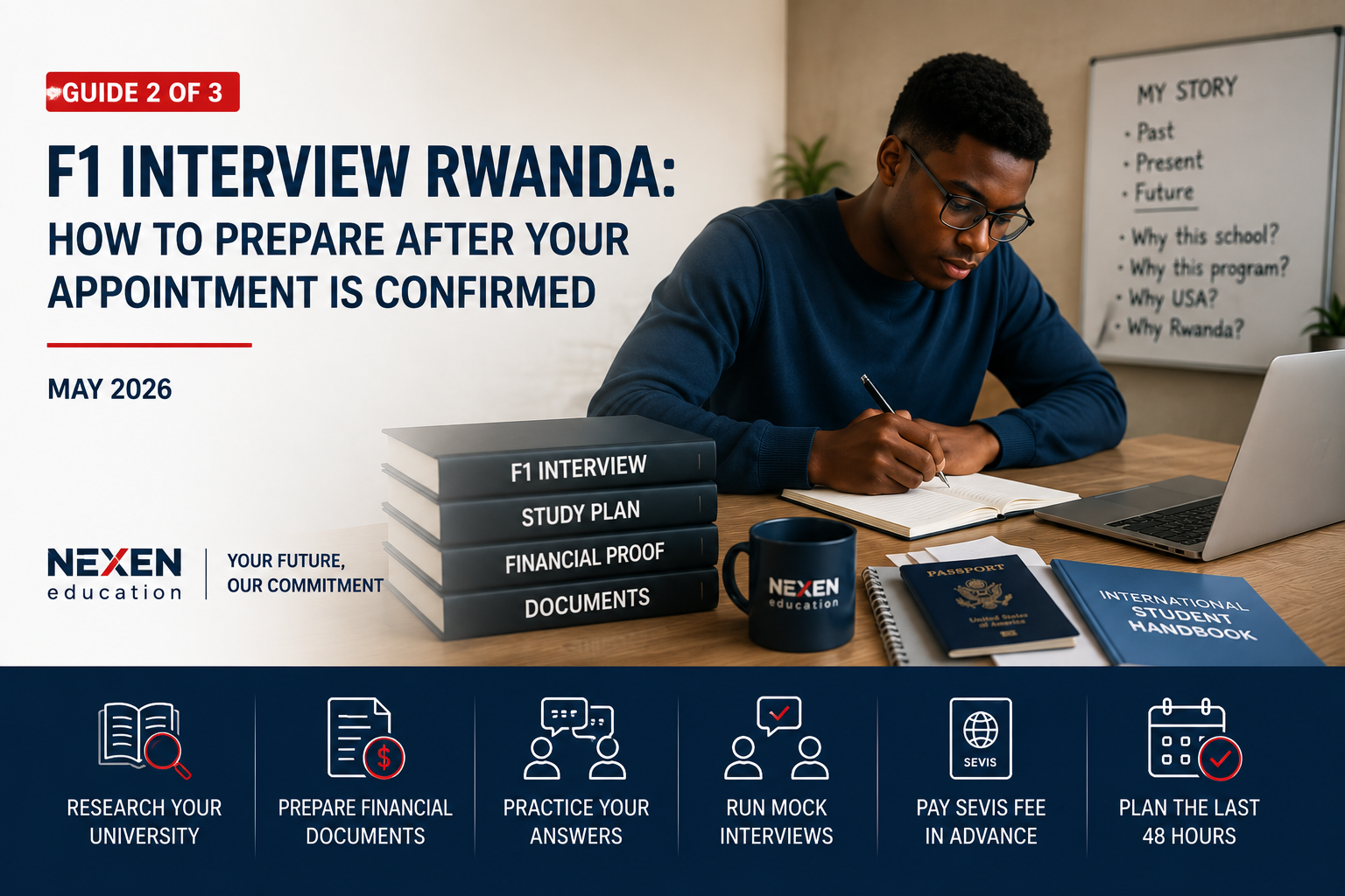 F1 interview Rwanda preparation guide cover showing student writing notes with "My Story" planning whiteboard — Nexen Education May 2026